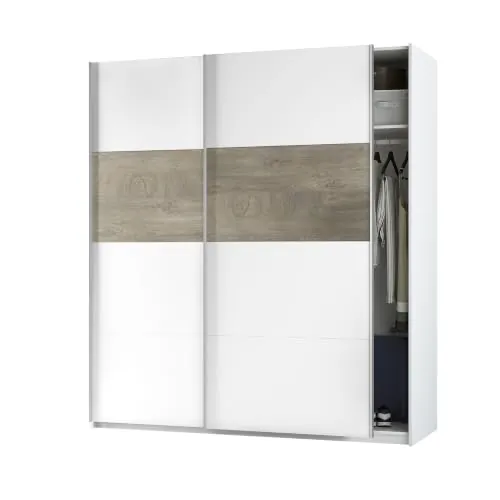 Habitdesign ARM182A - Armario 2 Puertas Correderas para Dormitorio o Habitación, Modelo Aikos, Acabado en Blanco Artik y Roble Alaska, Medidas: 180 cm (Largo) x 200 cm (Alto) x 60 cm (Fondo)