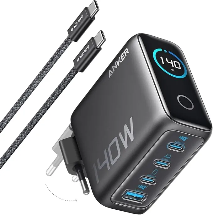 Anker Cargador USB C Carga Rapida 140W, Carga rapida de 4 Puertos, diseño intuitivo y Compatible con MacBook, iPhone 17/16/15 iPhone Air, Samsung, Pixel y más
