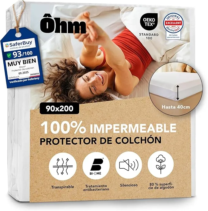 Protector Colchón 90x200 cm | Cubrecolchón Impermeable e Imperceptible | Algodón Hipoalergénico y Absorbente | Antiácaros | Forma de Bajera | hasta 40 cm | Funda Transpirable | Oeko-Tex | Ôhm