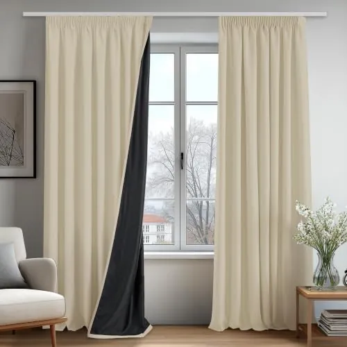Deconovo Cortinas Salon Opacas 100% con Cinta Fruncidora, Cortinas Térmicas Aislantes Frío y Calor, Cortinas Modernas para Dormitorio con Reverso Negro, 2 Paneles, 140x220 cm, Beige Claro