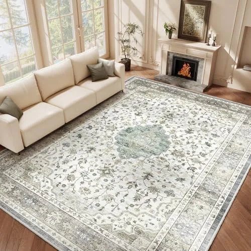 HOMFINE Alfombra Salon 160x230cm Vintage Lavable Verde Claro