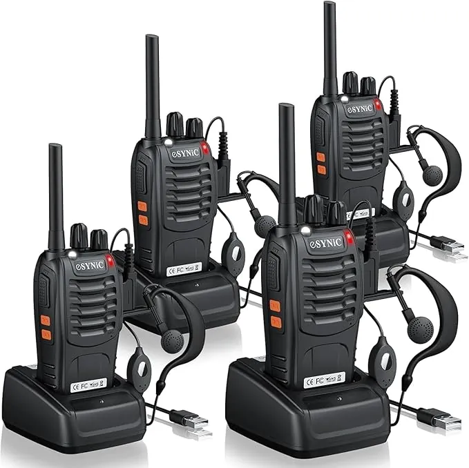 eSynic 4PCS Walkie Talkies de Larga Distancia con Auriculares Walkie-Talkie Profesional 16 Canales 1500mAh con Cargador USB Soporta VOX para Sobrevivir en el Campo Ciclisimo