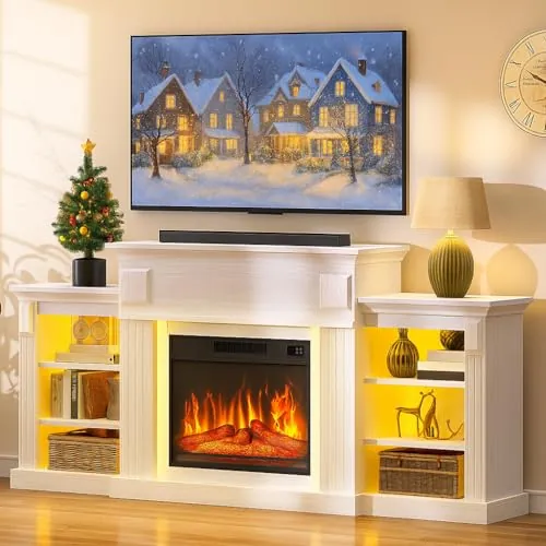 YITAHOME 72" Chimenea eléctrica, Chimenea eléctrica con Efecto de Llama LED 3D, Mueble de TV con Iluminación LED RGB Estantes de Regulables, Chimenea con Estufa de pie con calefacción Tempo