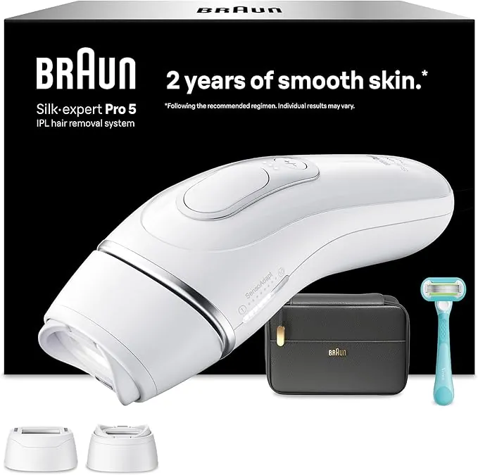Braun Depiladora Luz Pulsada Silk·expert Pro 5, IPL, Depilación Láser En Casa Para Cara Y Cuerpo, Reducción Permanente Del Vello, Depiladora Laser Con 2 Cabezales, Neceser y Maquinilla Venus, PL5234