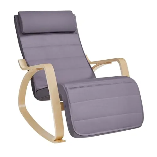 SONGMICS Silla Mecedora, con Apoyabrazos de Madera de Abedul, Silla Mecedora con Reposapiés Ajustable en 5 Posiciones, Máx. Carga de 150 kg, Dormitorio, Salón, Gris Claro y Natural LYY010G01