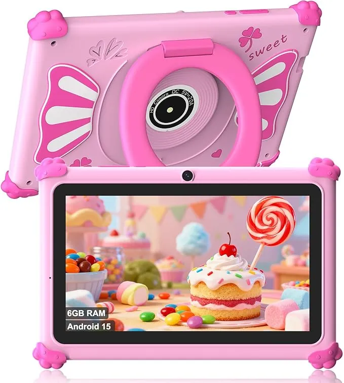 ascrecem Tablet Niños 7 Pulgadas Android 15 Tablet para Niños con 2.4G+5G WiFi6 Penta Core 6GB RAM 32GB ROM Tableta Infantil Doble Cámara 128GB Expandible Control Parental Juegos Educativos (Rosa)