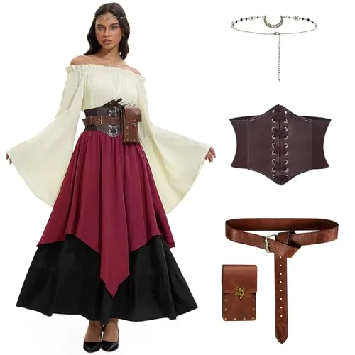 LumenVela Vestido Medieval Mujer, Disfraz Vikinga Mujer, Disfraz de Victoriano Renacentista para Mujer con Corsé, Riñonera, Tocado, Cinturón para Carnaval Halloween (Rojo, XL)
