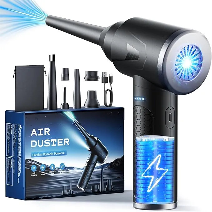 100,000 RPM Potente Soplador de Aire con Luz LED, Aire Comprimido Limpieza PC de 9000mAh, Soplador de Aire Para PC, Air Duster de 3 Velocidades, Plumero Electrico para Ordenador, Coche, Oficina, Sofá