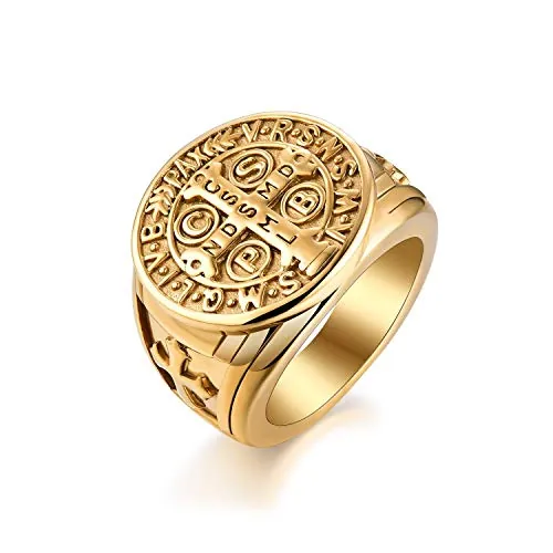 JewelryWe Anillo de Hombre y Mujer Punk de Acero Inoxidable con Cruz y Colgante de Cruz de la Orden de San Benito de Norcia