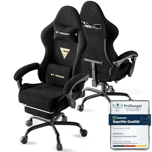 Huracan Silla de Gaming ergonómica, Silla Gamer con cojín Lumbar de Masaje, Respaldo Ajustable con reposacabezas y reposapiés, Gaming Chair Altura Regulable, Capacidad de Carga de 130 kg, Negro