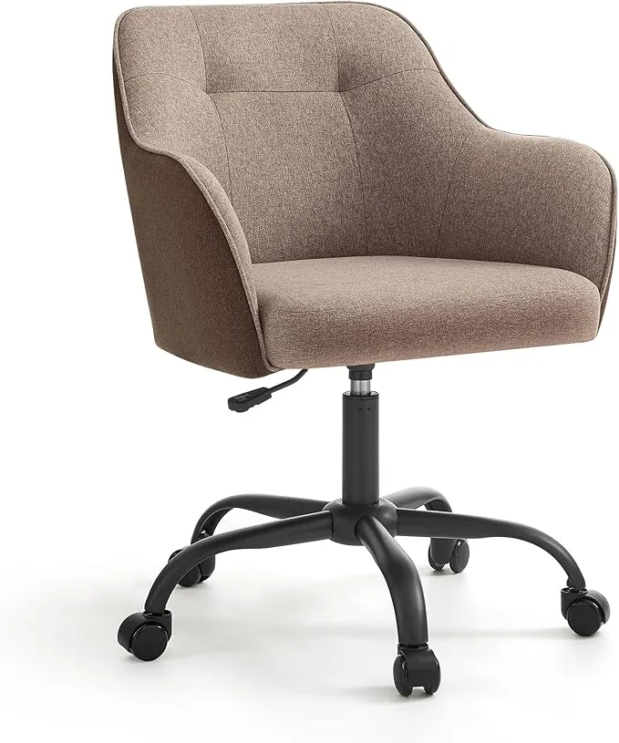 SONGMICS Silla de Estudio, Silla Giratoria, Altura Ajustable, Carga de 110 kg, Marco de Acero, Tela de Algodón-Lino Transpirable, para Estudio, Dormitorio, Marrón OBG019K01