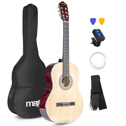 MAX SoloArt - Guitarra clásica española color madera tamaño 4/4