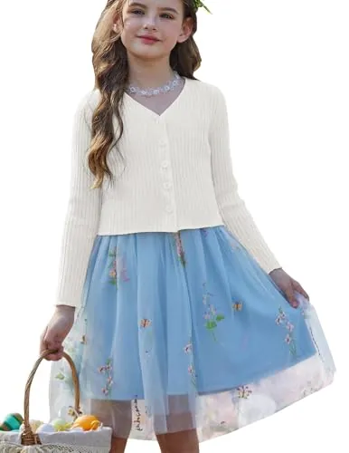 Arshiner Bolero para niñas con Botones, Elegante Jersey de Punto de Manga Larga, Chaqueta de Punto, Uniforme Escolar, Bolero para niños, Blanco, 140