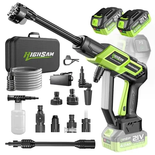 Hidrolimpiadora de Alta Presión, Motor Sin Escobillas 3000W 3 Modos, 135Bar 20L/Min, Limpiador Móvil con 2 Baterías 4.0Ah, Boquilla 6 En 1 Giratoria 180°, para Limpieza De Coches Y Hogar