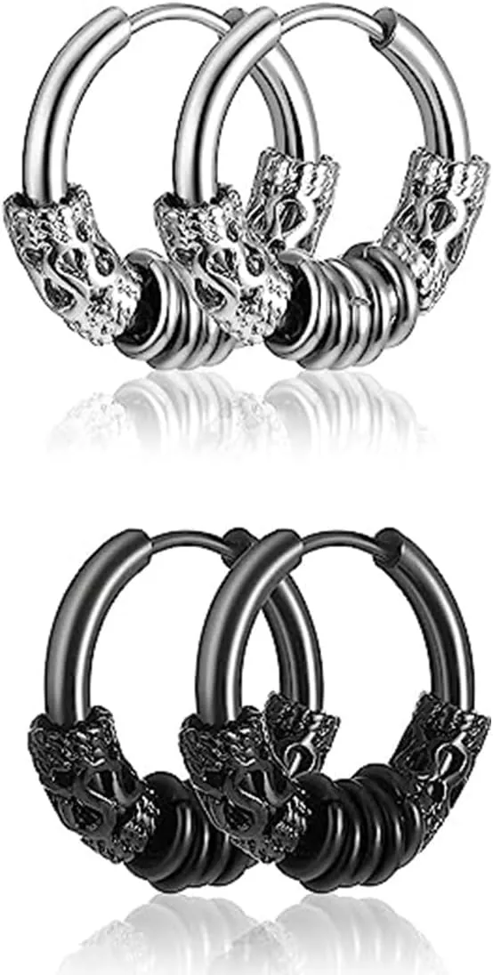 2 Pares pendientes de aro de acero inoxidable médico, joyería de cartílago perforado vintage, pendientes de aro adecuados, pendientes punk hip hop para hombres y mujeres, hipoalergénica