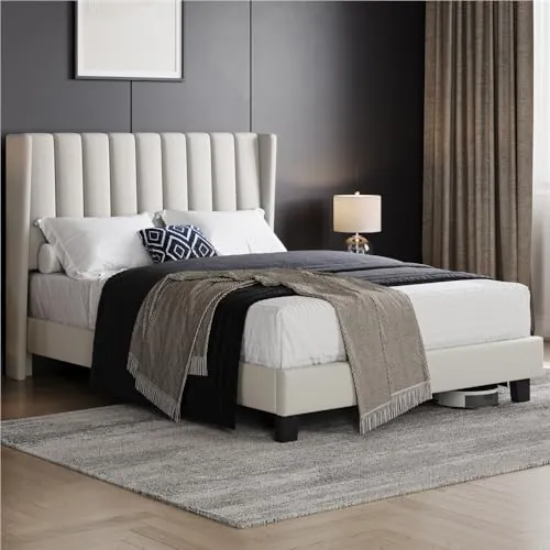 Yaheetech Cama tapizada con Cabecero Acolchado 140x200cm Color Beige