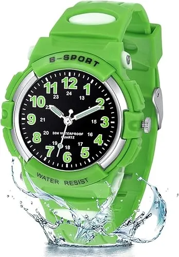 GUUMUXIN Reloj Analógico para Niños,Niña,3ATM Resistente al Agua, fácil de Leer,Reloj de enseñanza,Relojs de Pulsera de Banda Suave para Chico Chica (Verde)