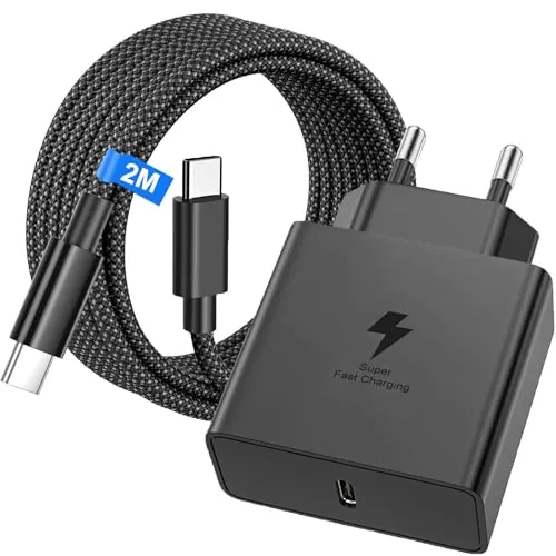 45W Cargador USB C Carga Rapida para Samsung Galaxy S26 S25 Ultra/S24/S23/S23+/S23/S22/S21/S20/Note20/A73/A53/Note 20, Flip5, Fold4, Cargador Carga Rapida con 2M Nylon Cable USB C Carga rapida