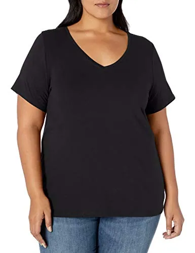 Amazon Essentials Camiseta de Manga Corta con Cuello en V de Talla Grande Mujer, Negro, XXL Grande