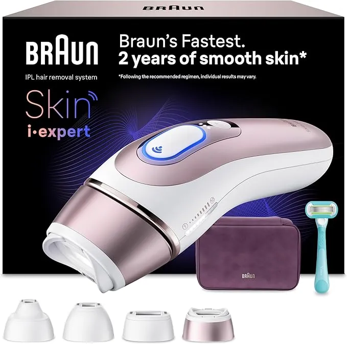 Braun Depiladora Luz Pulsada Smart IPL Skin i·expert, Depilación Láser En Casa Para Cara Y Cuerpo, Reducción Permanente Del Vello, Depiladora Laser Con 4 Cabezales, Neceser y Maquinilla Venus, PL7431