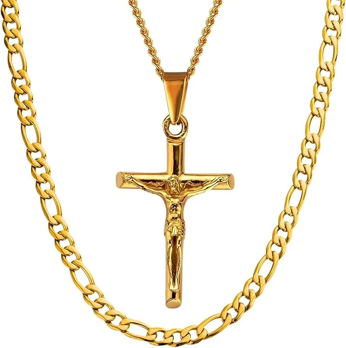 DVRK® Pack 2 Collares Hombre Oro 18k con Base Acero Inoxidable 316L - Conjunto Cadena Oro Hombre Figaro y Collar Colgante Crucifijo Resistentes al Agua - Cruz, Regalos