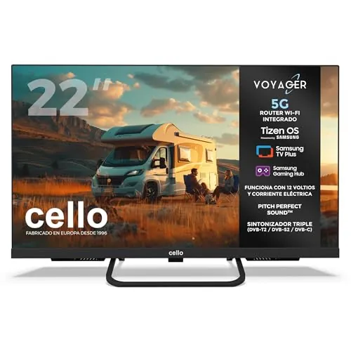 Cello Voyager C22TZR-VOY TV Traveller Smart 12V de 22" con Router Wi-Fi 5G y Hotspot Integrados, Tizen OS de Samsung, Internet en Cualquier Lugar, Ideal para autocaravanas