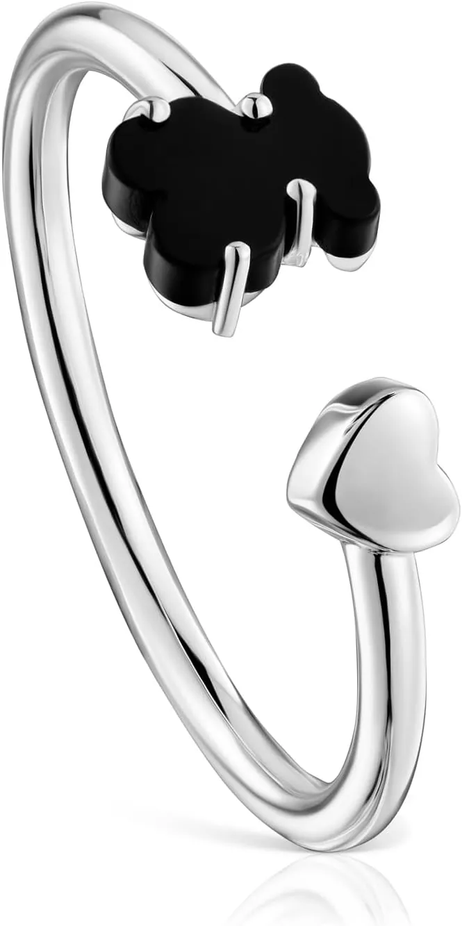 TOUS Anillo de Plata de Primera Ley con Motivo Corazón y Oso en Ónix para Mujer, Talla 14-16, Colección Mini Color
