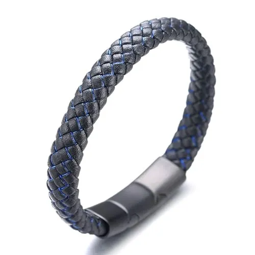 HALUKAKAH Niños ● Jazz Júnior ● Niños Cuero Genuino Trenza Hecha a Mano Negro Mezcla Azul Pulsera 6-12 años. Titanio Cierre Esmerilado Magnético Tamaño Ajustable 18-19.5cm con Caja