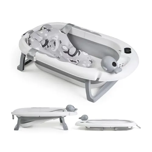 Buddy Baby - Bañera Plegable BebéSplash con Temperatura - Desde 0 meses - Cojín reductor extraíble - Base antideslizante - Tapón desagüe - Diseño compacto y portátil - Regadera ballena