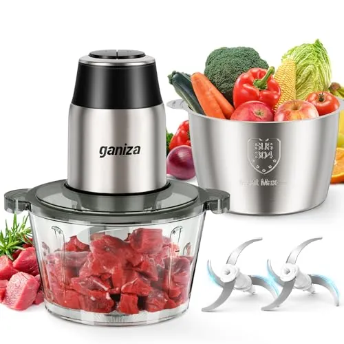 Ganiza Picadora de Carne Eléctrica 500W, Picadora de Carne con 2 Recipientes (1,8 L + 1,8 L), 2 Cuchillas Dobles, 2 Velocidades, Picadora Eléctrica Multifuncional para Carne, Verduras y Frutos Secos