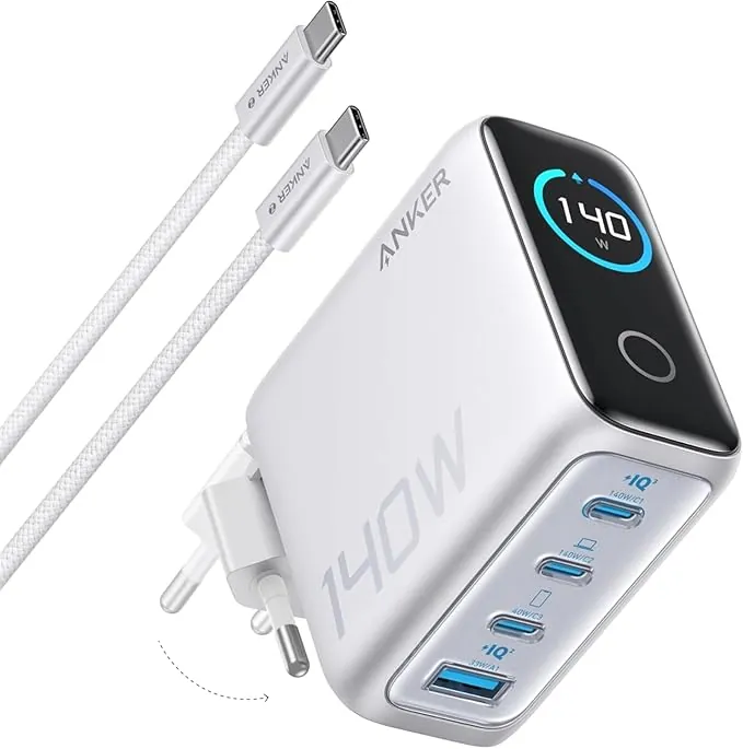 Anker Cargador USB C Carga Rapida 140W, Carga rapida de 4 Puertos, diseño intuitivo y Compatible con MacBook, iPhone 17/16/15 iPhone Air, Samsung, Pixel y más