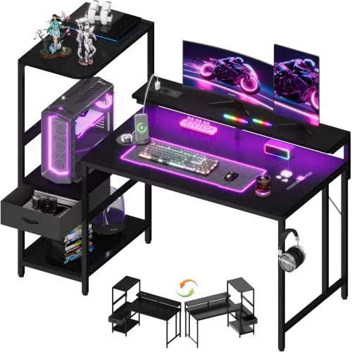 JUMMICO Escritorio para Juegos de 120 x 60 cm con Toma de Corriente y Luces LED, Escritorio Reversible en Forma de L con Soporte para Monitor, cajón de Almacenamiento y estantes, Gancho para