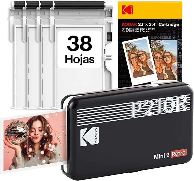 KODAK Mini 2 Retro Navidad Regalos 4Pass, Impresora Fotográfica + 38 Fotos, Fotos Instantáneas Tamaño 54X86mm, Conexión Inalámbrica Bluetooth - Negro