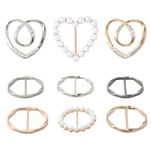 Shengxi Metal Hebilla para Bufanda, 9 Piezas Anillo Clip con Pedrería de Perlas de Corazón y Seda para Damas y Niñas, Camisa, Corbata y Camiseta