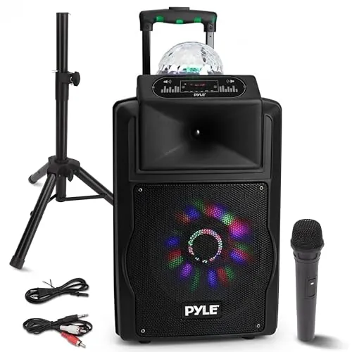 Pyle Sistema de Altavoces, PA, 700W, Bluetooth, microfono, portatil, Recargable, Interiores, Exteriores, función de grabación, micrófono, Luces de Fiesta, Radio USB/SD, Color Negro