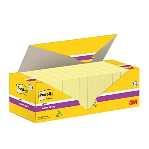 Post-it Notas Super Sticky Canary Yellow, Paquete de 12 Blocs + 12 Gratis, 90 Hojas por Bloc, 76 mm x 76 mm, Color Amarillo - Notas Extra Adhesivas para Listas de Tareas y Recordatorios
