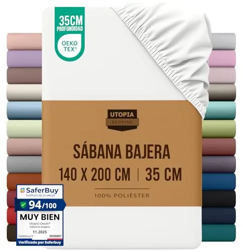 Utopia Bedding Sabana Bajera 140x200 - Blanco - Certificado Oeko Tex - Bolsillo Profundo - Microfibra de Poliéster Cepillado (Cama 140)
