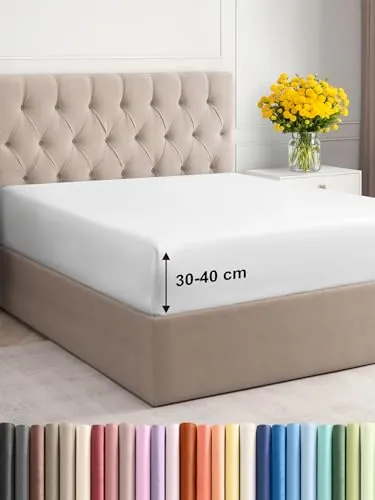 Sábana Bajera Ajustable 160x200 cm - Alto Especial 40 cm Colchón Alto - Sábanas Bajeras Microfibra Suave Transpirable y Antiarrugas - Bajera Cama con Goma Elástica - Oeko-Tex - Bed Sheets - Blanco