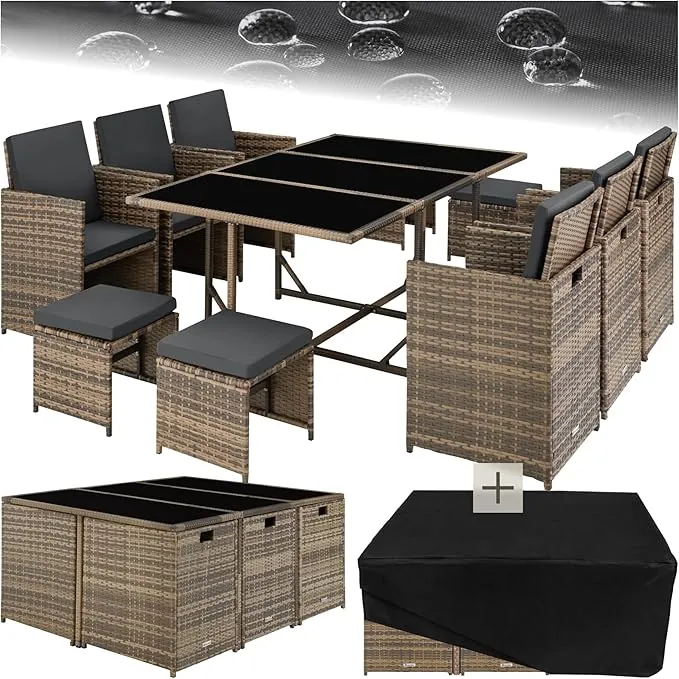 TecTake® Conjunto Jardín Exterior de Ratán y Acero, Compacto y Agrupable en Cubo, Muebles Jardín Exterior Resistente a la Intemperie, para 6-10 Personas, Fundas Extraíbles y Funda Protectora - Natural