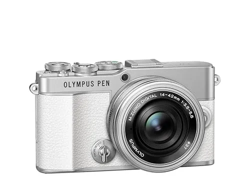 Kit de cámara Olympus Pen E-P7 Blanca, Sensor de 20 MP, LCD de Alta definición abatible, 4K, Wi-Fi, Control de Perfil Monocromo y del Color, Incluye M.Zuiko Digital ED 14-42 mm EZ Plata