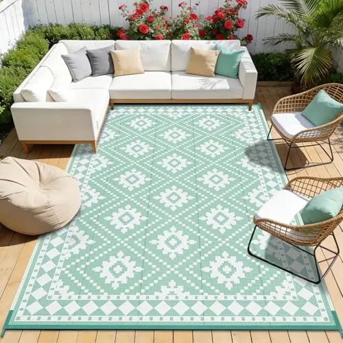 Enyhom Alfombra extragrande impermeable para exteriores, 270 x 360 cm, resistente a los rayos UV, reversible, fácil de limpiar, plegable, de plástico, para patio, camping, terraza, picnic, patio