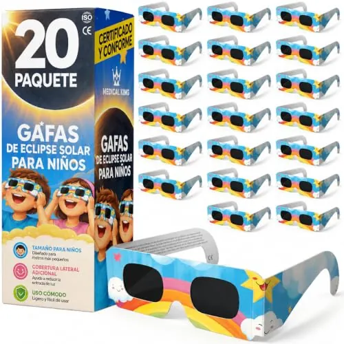 20 Gafas Eclipse Solar Homologadas ISO 12312-2 - Paquete de 6 Con 2 Lentes Fotográficos Para Smartphone Aprobados según la norma ISO, con certificación CE: Gafas para ver eclipses solar 2026