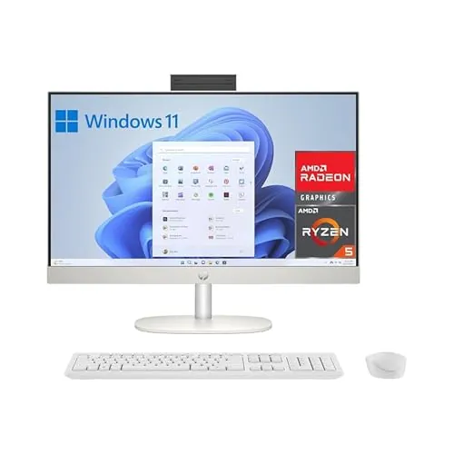 HP All-in-One 24-cr0007ss - Ordenador de sobremesa 23,8" Full HD con cámara, Teclado y ratón inalámbricos (AMD Ryzen 5 7520U, 16GB RAM, 512GB SSD, AMD Radeon Graphics, Windows 11 Home) Blanco