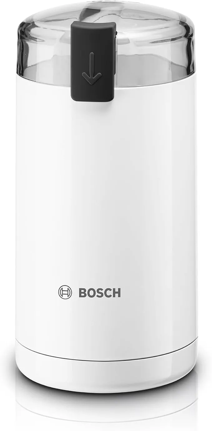 Bosch Molinillo de café, TSM6A011W, cuchillas de acero inoxidable, función de seguridad, 180 W, recipiente para 75 g de granos, eléctrico, blanco.