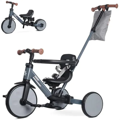KRIDDO Triciclo Evolutivo 6 en 1 para Niños de 18 Meses a 5 Años – con Barra de Empuje, Triciclo y Bicicleta con o sin Pedales, Arnés de 3 Puntos, Bolsa de Almacenamiento, Gris