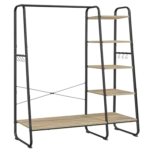 VASAGLE Burro Perchero, Perchero con Zapatero, 5 Estantes de Almacenamiento, 6 Ganchos Laterales, Dormitorio, Sala de Estar, Pasillo, Marrón Turquesa y Negro Mate RGR116K01
