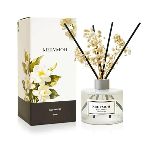KRIIVMOH Ambientadores de Hogar difusor de Aromas 200ml Difusor de Varillas con Jazmín Blanco con 8 Varillas, Ambientador para Dormitorio, Baño, Hogar y Oficina