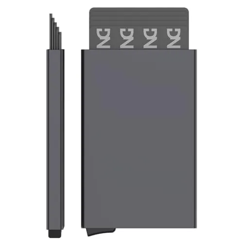 DarNova Porta Tarjetas Metal Protección RFID - Tarjetero automatico Aluminio Resistente Hombre y Mujer Cartera Minimalista para Tarjetas, DNI y Documentos - Diseño Elegante (Negro)