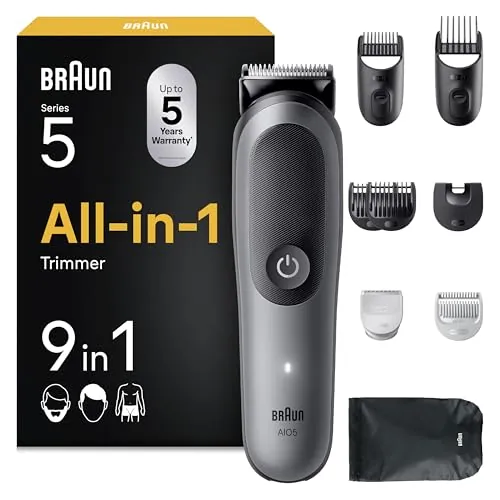 Braun Recortadora Todo en Uno Series 5 AIO5545, Gris - Kit de Styling 9en1 para Barba, Pelo, Orejas, Nariz Y Cuerpo, 120 Min, Cortapelos Hombre con Lámina Ultra Afilada, Recorte Preciso Y Eficiente