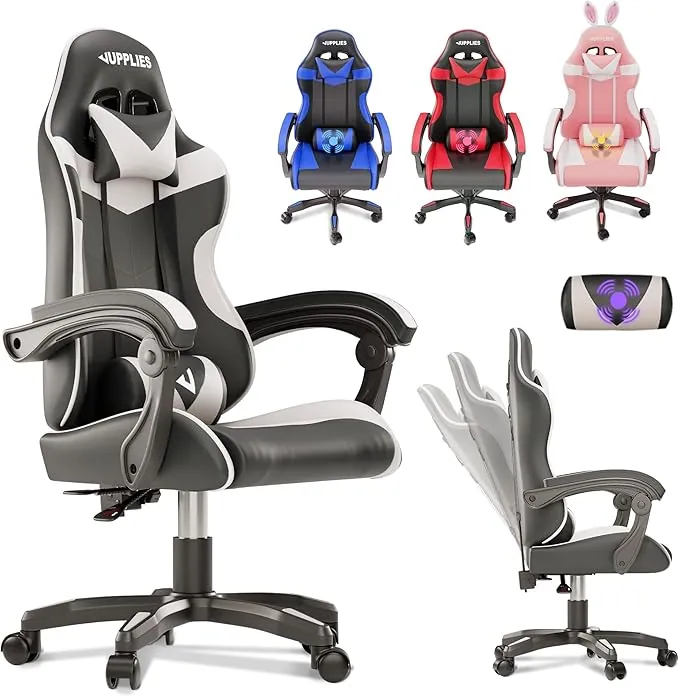 JUPPLIES Silla Gaming Profesional con Masajeador - Silla de Oficina Ergonómica sin Reposapiés, Altura Regulable y Respaldo Abatible - Silla Gamer para Juegos